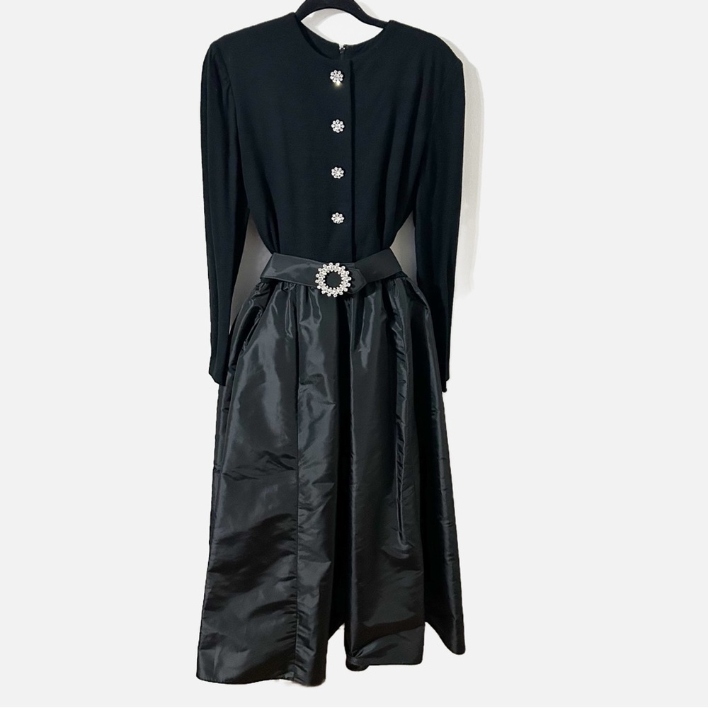 Vintage victor Costa Wool and Silk Black Dress with Crystal Embellished Buttons